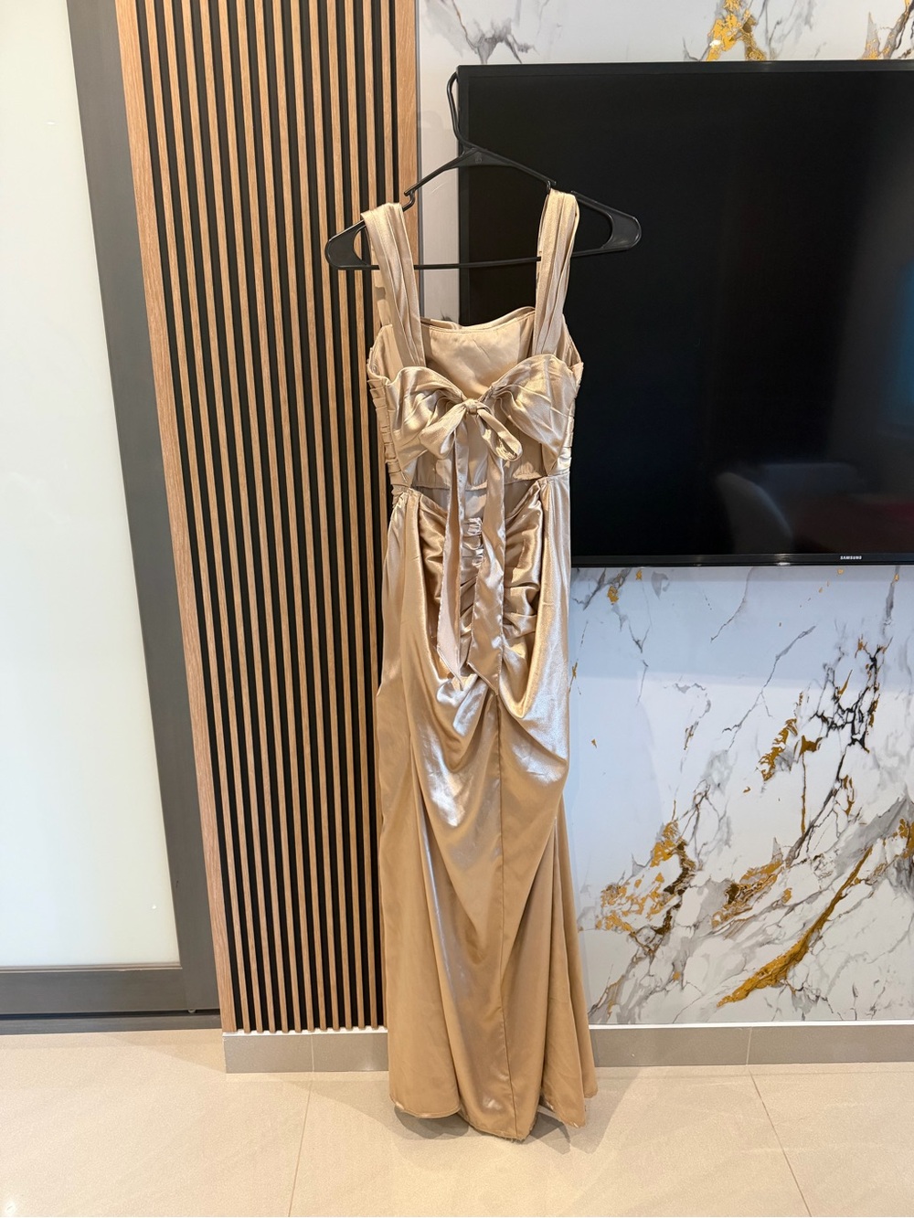 Azazie Champagne Satin Ruched Maxi Bridesmaid Dress Size A0 Altered - Picture 4 of 5